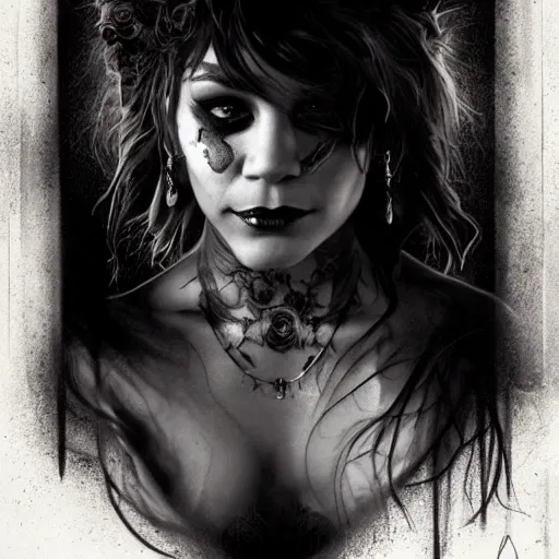 Image similar to beautiful portrait of vanessa hudgens as death from sandman, smiling, by cedric peyravernay, alphonse mucha, by jeremy mann, by lecouffe deharme, goth chic, soft lightning, eyeliner, punk rock, high detailed, 8 k