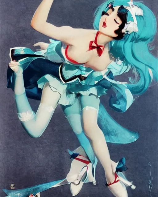 Image similar to hatsune Miku dancing by Gil Elvgren and Enoch Bolle