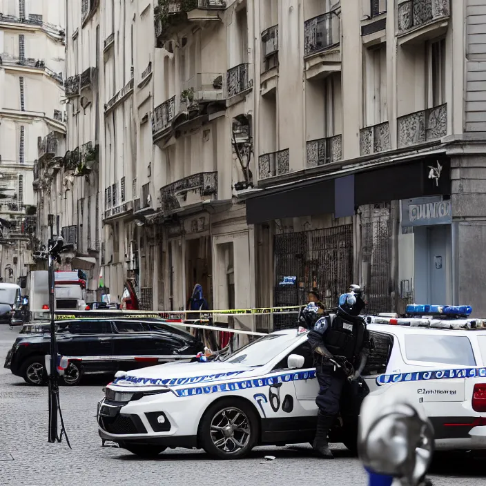 Prompt: car in the form of a space horse, police collecting evidence on a crime scene in a Parisian apartment, Sigma 70mm f/2.8 DG DN Art