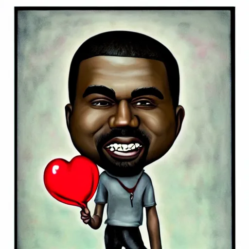 Image similar to grunge cartoon painting of kanye with a wide smile and a red balloon by chris leib, loony toons style, pennywise style, corpse bride style, horror theme, detailed, elegant, intricate