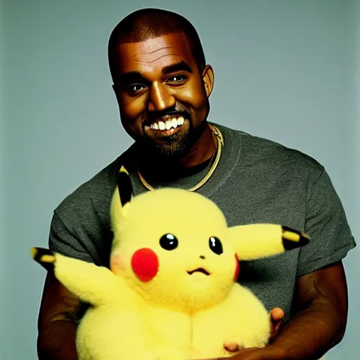 Image similar to kanye west smiling holding pikachu for a 1 9 9 0 s sitcom tv show, studio photograph, portrait c 1 2. 0