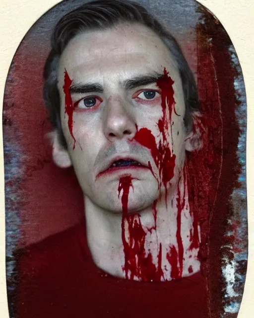 Prompt: an instant photo of a handsome but sinister ghost of a man in layers of fear, with violence in his eyes, 1 9 7 0 s, seventies, woodlands, delicate embellishments, a little blood, crimson, painterly, offset printing technique, by mary jane ansell