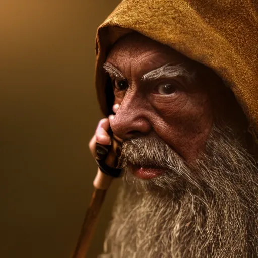 Image similar to a hermit with an eyepatch and a wooden cane, high resolution film still, 8k, HDR color