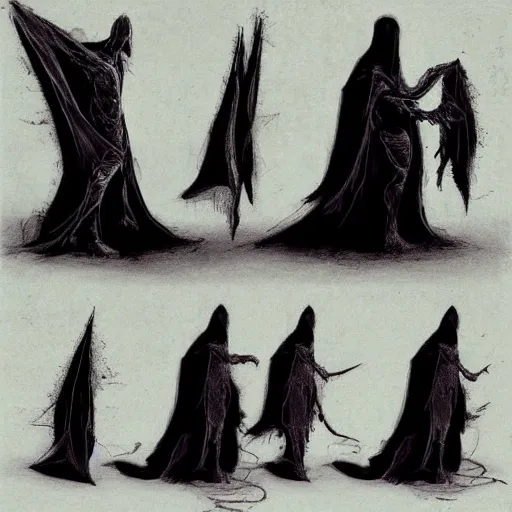 Prompt: concept designs for an ethereal wraith like figure with a squid for a head that has latched onto a human host and wearing a cloak like a bat that floats around collecting vials and jars for unknown reasons like a crow would and that hides amongst the shadows for the resident evil game franchise with inspiration from the franchise Bloodborne and the mind flayer from stranger things on netflix