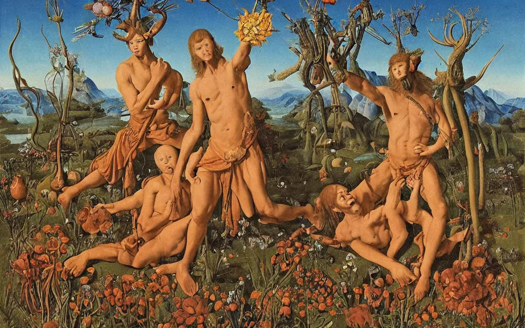 Image similar to a portrait photograph of a meditating satyr and a centaur monk riding a rocket machine and hunting at a river delta. surrounded by bulbous flowers and trees. mountain range under a blue sky of fiery stars. by jan van eyck, max ernst, ernst haeckel, ernst fuchs and artgerm, cgsociety, fashion editorial, 8 k