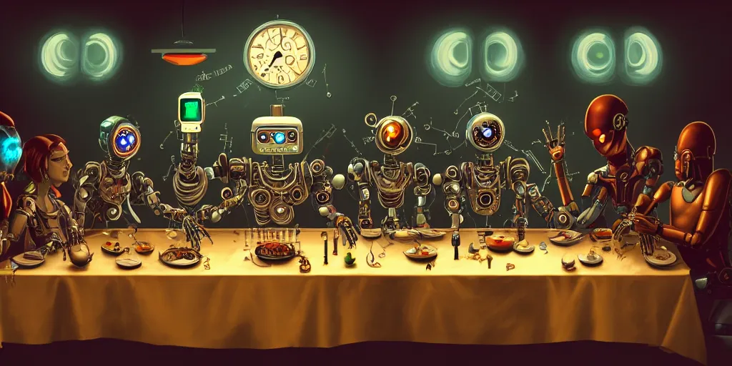 Image similar to clockpunk robot last supper, digital painting, trending on artstation, sharp focus, 4 k