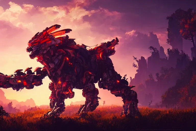 Image similar to fireclaw machine creature robot of horizon forbidden west horizon zero dawn radiating a glowing aura global illumination ray tracing hdr fanart arstation by ian pesty and alena aenami artworks in 4 k