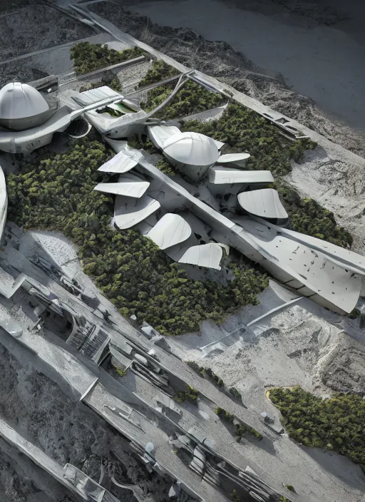 Image similar to techno chuquicamata bioremediation white mining tailing futuristic horizontal architecture, epic, cinematic, hyperealistic, high detailed, corona render, hdr, ray tracing