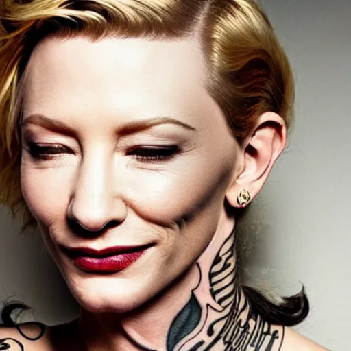 Image similar to full body tattooed cate blanchett, nose ring, 4k