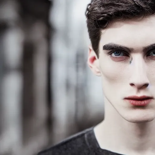 Prompt: a man with dark hair, blue eyes, cleft chin, pale skin, high cheekbones, strong eyebrows