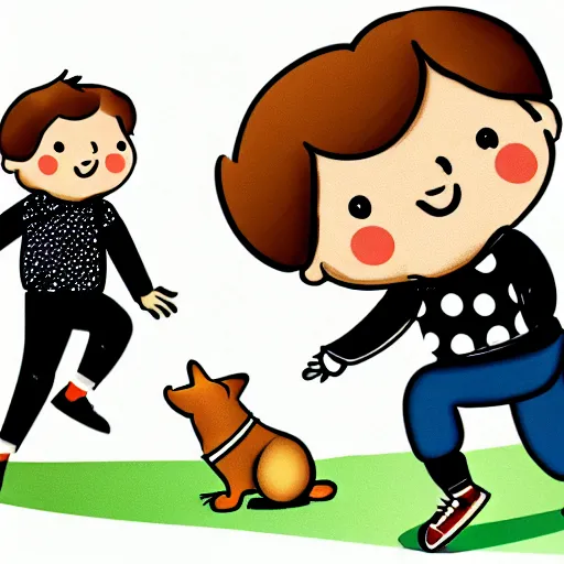 Image similar to illustration of french boy in paris playing football against a corgi, the corgi is wearing a polka dot scarf