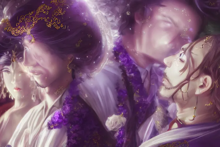 Prompt: a cinematic portrait of wedding photograph jpeg close up moment of a divine a japan sun god and moon goddess lovers magician at a wedding banquet. portraiture. digital painting. artstation. concept art. fantasy wedding photo. digital painting, 8 k realistic, hyper detailed, violet evergarden art masterpiece by art by krenz cushart