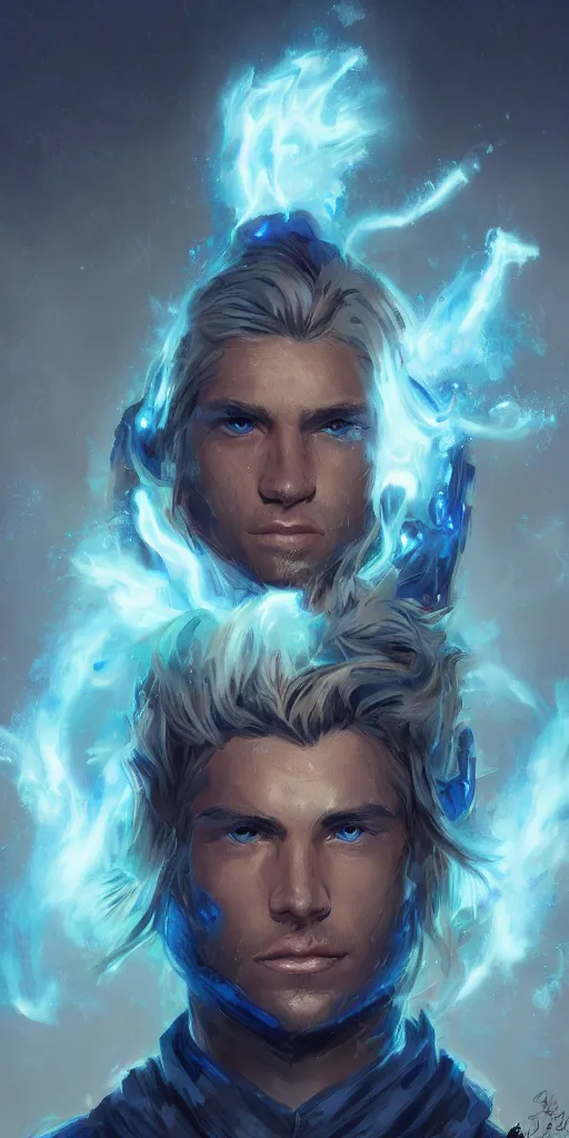 Prompt: handsome young man face, dirty blond wavy hair, glowing blue eyes, wearing armor, portrait, by artgerm, by greg rutkowski, by noah bradley, digital avedon