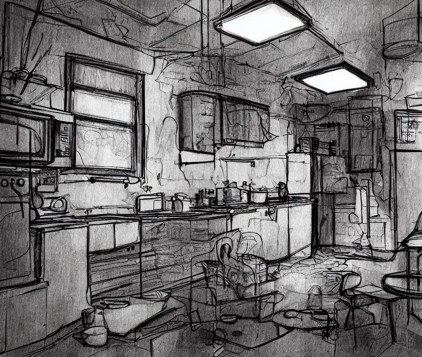 Image similar to An of interior of a kitchen at night, rotoscoped, rotoscope, photoshop, photomanipulation, realism, painting, illustration and sketch, weird scribbles, hybrid styles, hybrid art styles, mismatched, trending on artstation, trending on deviantart, weird, quirky, interesting, very detailed, highly detailed, HD Quality, 4k resolution, 8k resolution, in the style of David Firth, in the style of James Lee, in the style of Drue Langlois,