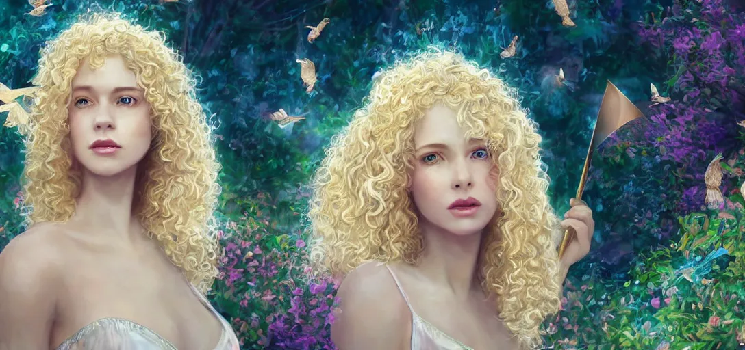 Prompt: beautiful blond, curly, Emma Wardell, perfect face and body, birthday in a magic garden, fairies, monkeys, diamonds, scissor, smooth, sharp focus, illustration, realistic, cinematic, artstation, gold, ornate, award winning, original modern artwork, rgb ethereal lighting, 8k