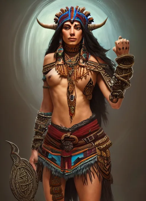 Prompt: portrait of an athletic aztec woman shaman as a diablo 3 character, looking at camera, D&D, alchemy master, long dark hair, intricate, elegant, stylish, cute smile, fantasy, extremely detailed, digital painting, artstation, concept art, smooth, sharp focus, illustration, ambient lighting, art by artgerm and greg rutkowski and alphonse mucha and simon stalenhag