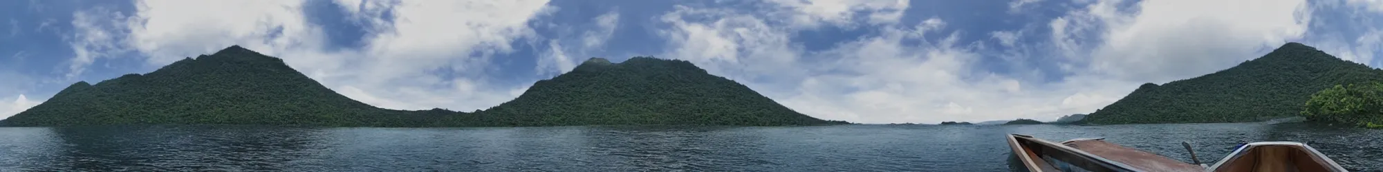 Prompt: wide angle view, 3d stereoscopic equirectangular 360 on a small boat at lake Batur, fov 90 degrees, horizon centered, yaw 0 degrees