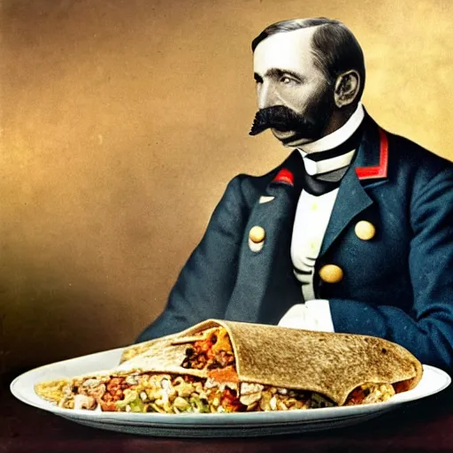 Image similar to a 1 8 5 8 colorized photo of general pitzer a union general eating a large chicken burrito with cheese and salsa