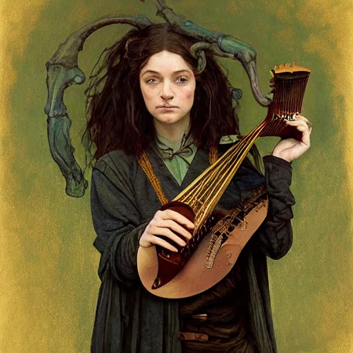 Image similar to half length portrait of billie ellish as a hobbit bard playing the mandolin, d & d, medieval, fantasy, giger, royo, klimt, miro, vallejo, frazetta, alphonse mucha, greg rutkowski, whealan