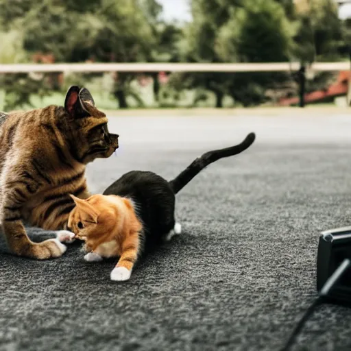 Prompt: a cat and a dog playing music on stage, professional photography