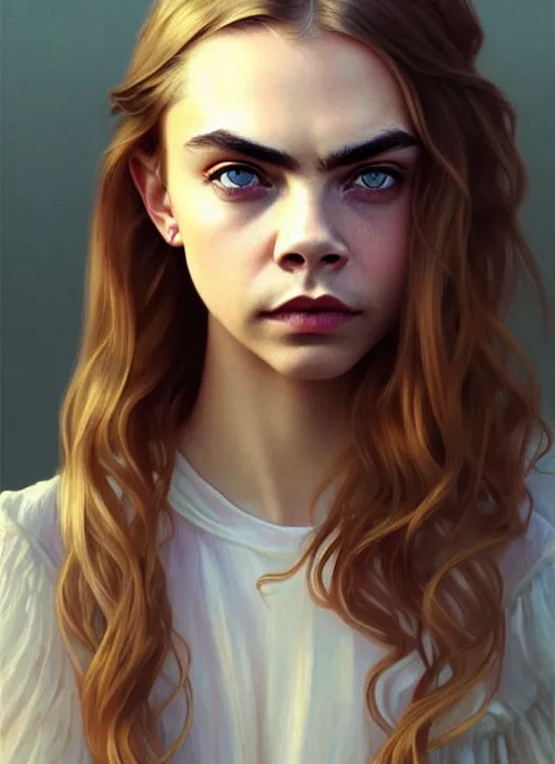 Image similar to half cara delevingne half Anya Taylor-Joy a pure gorgeous seductive angel, full body portrait, slight smile, diffuse natural sun lights, autumn lights, highly detailed, digital painting, artstation, concept art, sharp focus, illustration, art by wlop and greg rutkowski and alphonse mucha and artgerm