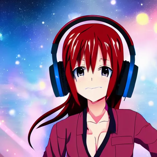 Prompt: Anime key visual of a girl with red hair and red eyes wearing headphones with galaxy background, official media