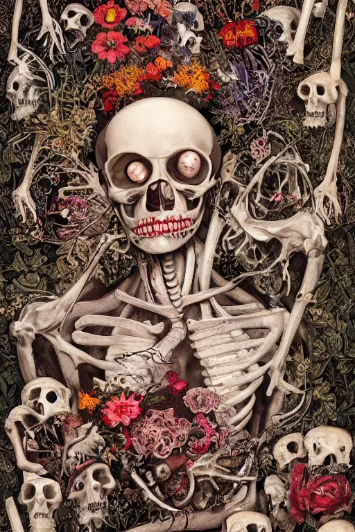 Image similar to anatomical man with large eyes and lips laying in bed of bones of flowers, an existential dread of love, HD Mixed media, highly detailed and intricate, surreal illustration in the style of Caravaggio, baroque dark art