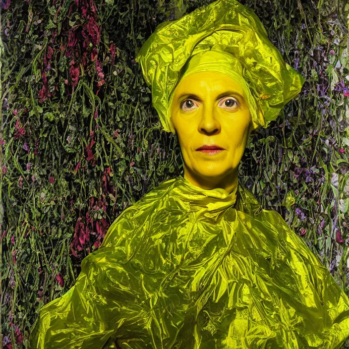 Image similar to closeup portrait of a woman wrapped in chartreuse cellophane, standing in an overgrown interior, color photograph, by paula rego, canon eos c 3 0 0, ƒ 1. 8, 3 5 mm, 8 k, medium - format print