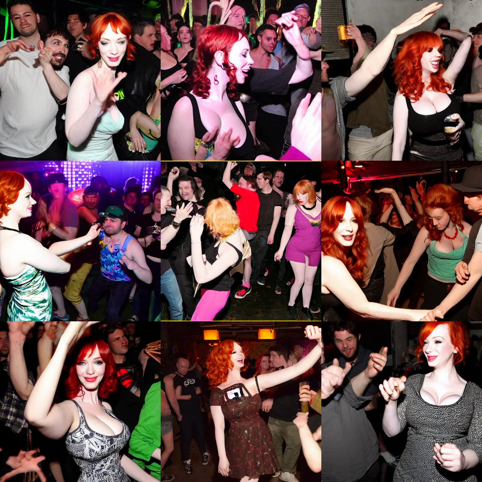 Prompt: christina hendricks at a drum and bass jungle party dancing