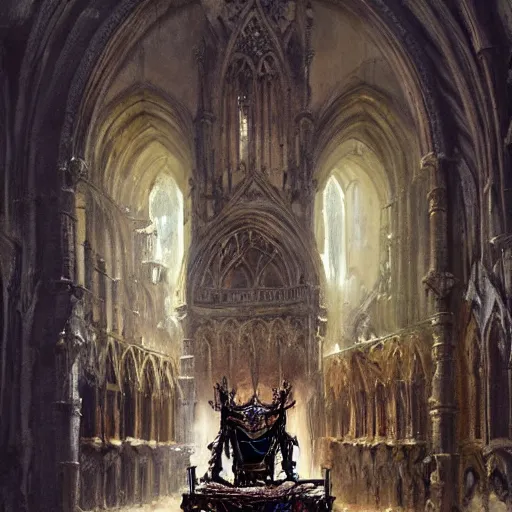 Prompt: Skeleton King wearing ragged clothes resting on a throne inside a cathedral, old castle, oil painting, by Fernanda Suarez and Greg Rutkowski