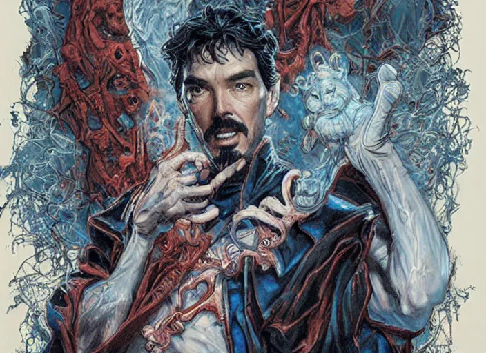 Prompt: a highly detailed terrifying portrait of stephen strange, james gurney, james jean