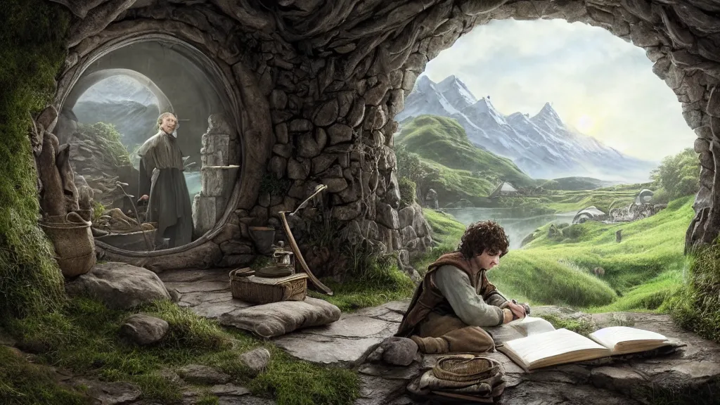 Image similar to frodo writing in his journal inside his hobbit hole bag end at the end of his journey, hobbiton visible through a window, by alan lee, michal karcz, smooth details, lord of the rings, game of thrones, smooth, detailed terrain, oil painting, trending artstation, concept art, fantasy matte painting, over the shoulder shot