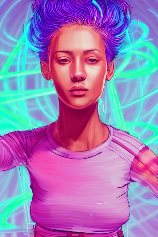 Image similar to a award winning half body portrait of a beautiful woman in a croptop and cargo pants with ombre purple pink teal hairstyle and hands in pockets by ari liloan, surrounded by whirling illuminated lines, outrun, vaporware, shaded flat illustration, digital art, trending on artstation, highly detailed, fine detail, intricate