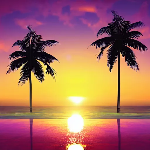 Image similar to Palm Trees with sunset in the background, logo, vaporwave, award winning, photorealistic