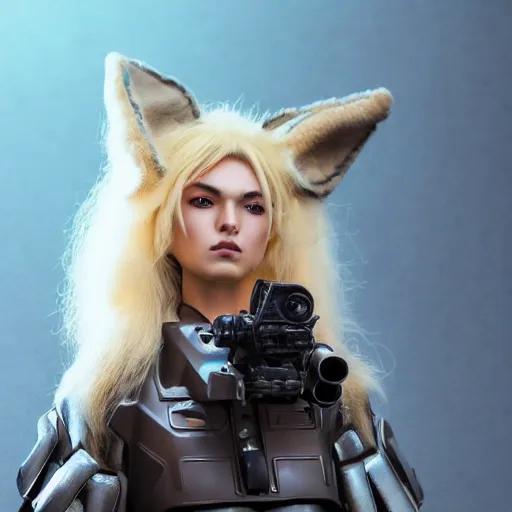 Image similar to close up of evil futuristic dystopian regime soldier, plasma gun, angry, blonde hair with fox ears, fluffy fox ears, human, female, concept design, contrast, hot toys, kim jung gi, greg rutkowski, zabrocki, karlkka, jayison devadas, trending on artstation, 8 k, ultra wide angle, pincushion lens effect