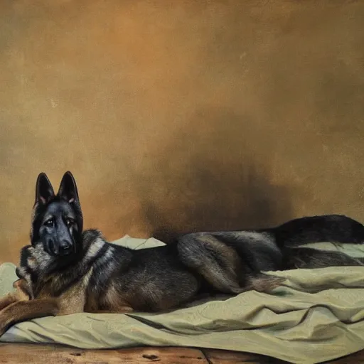 Image similar to a oil painting of a humanoid german shepherd beast - man, wearing military outfit, lying on a humble unmade bed wrinkled bed sheets