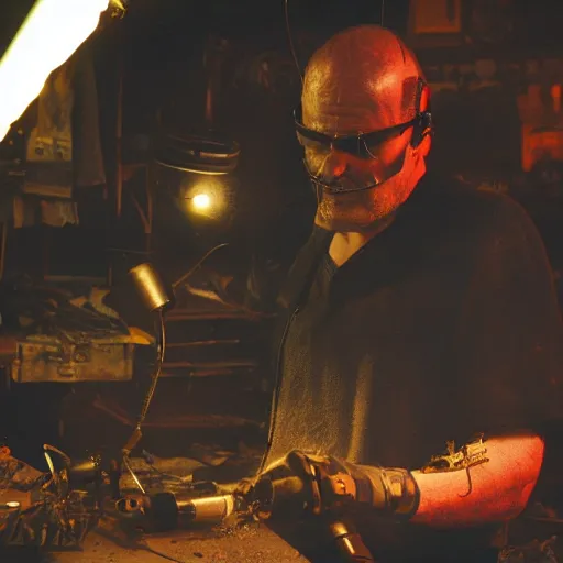 Image similar to weapon made from old egg beater, balding older cyborg repairing, red hot soldering iron, dark messy smoke - filled cluttered workshop, dark, dramatic lighting, orange tint, cinematic, highly detailed, sci - fi, futuristic, movie still from blade runner