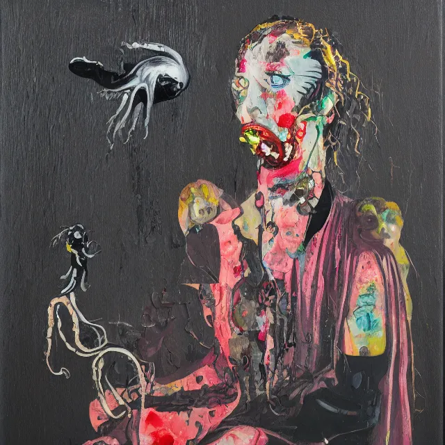 Image similar to a portrait in a dark apartment, a widow holding an octopus, streetlamps, wet, puddles, wild berries, rats, ikebana, neo - expressionism, surrealism, acrylic and spray paint and oilstick on canvas