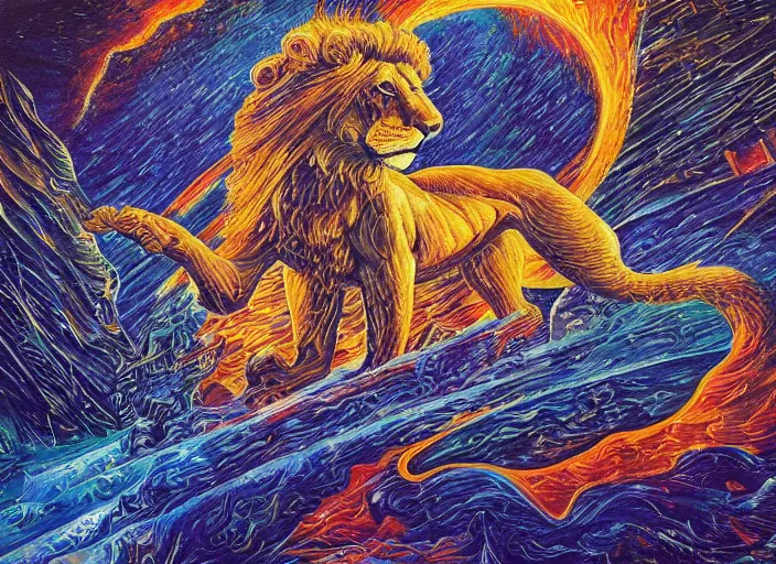 Prompt: An oil on canvas painting of the Lion's gate, energy vortex, by Dan Mumford and Umberto Boccioni,, 3d, realistic shading, complimentary colors, aesthetically pleasing composition, masterpiece, 4k, 8k, ultra realistic, super realistic