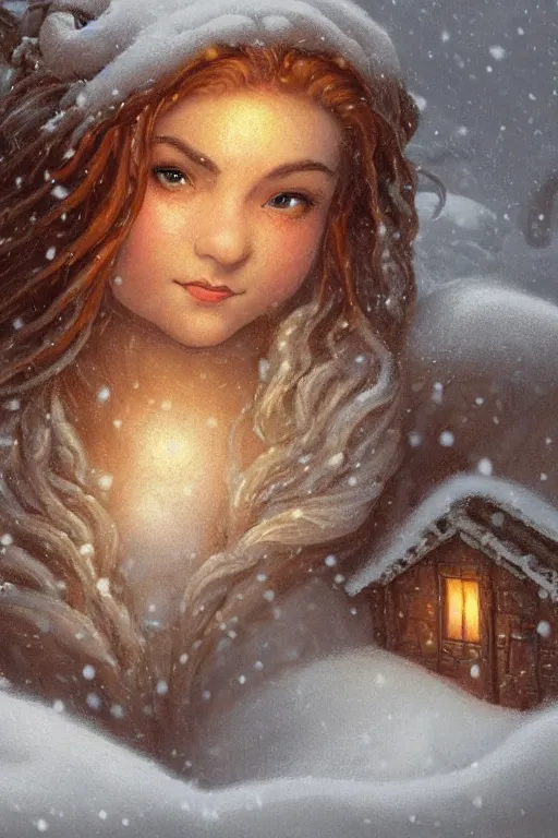 Prompt: A beautiful hearty plump dwarven woman at her home looking through the window in a snow day, highly detailed face, complex redhead braided hair, large nose, realistic, beautiful, fantasy art, dungeons and dragons, lord of the rings, in the style of Thomas Kinkade and Wojciech Siudmak, illustration, very cozy, fantasy, intricate, hyper detailed, artstation, concept art, smooth, sharp focus, ray tracing, vibrant, golden hour