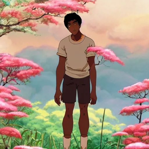 Image similar to dark skin man in a studio ghibli film, nature, dreamy