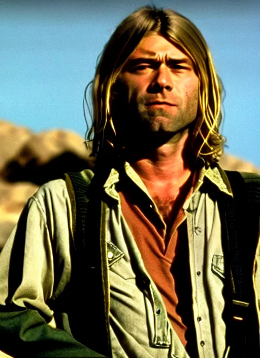 Image similar to film still of kurt cobain as clint eastwood in the movie a fist full of dollars, full-shot, 4k