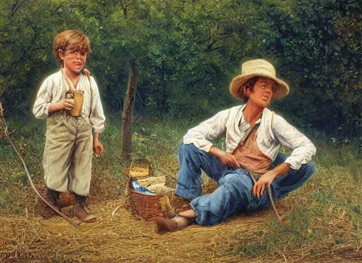 Image similar to tom sawyer and huckleberry finn in a small missouri town in 1 8 7 6, art by bob byerley, oil on canvas