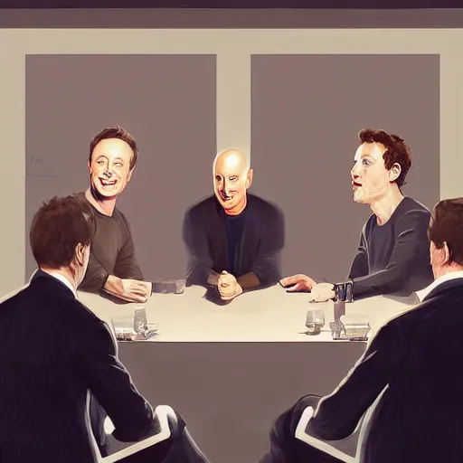 Image similar to portrait of elon musk, mark zuckerberg, jeff bezos, in meeting together, same table, very detailed, art contest winner on behance, trendy on deviant art, by by artgem, greg rutkowski