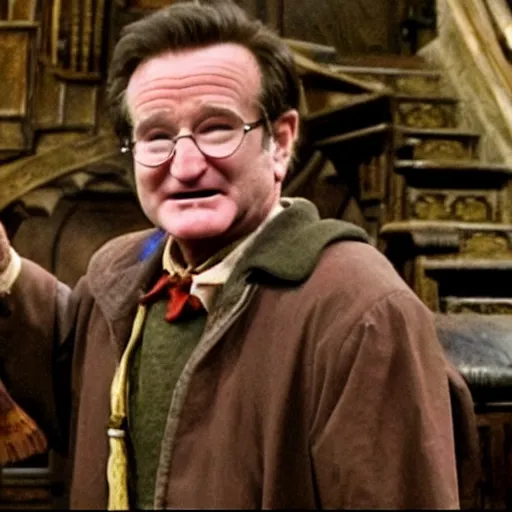 Prompt: Robin Williams playing Harry-Potter in Harry Potter, screenshot