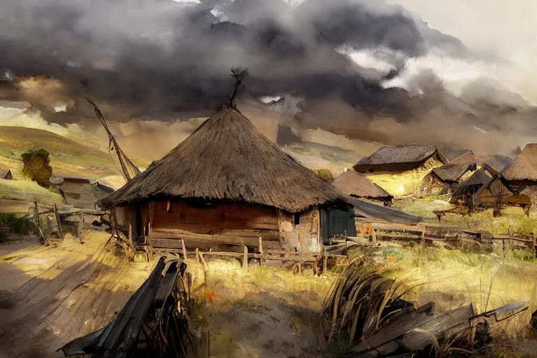 Image similar to paint brush strokes, abstract watercolor painting of rustic village at midday, straw roof, viking town, ambient lighting, art by hans dahl, by jesper ejsing, art by anders zorn, wonderful masterpiece by greg rutkowski, cinematic light, american romanticism by greg manchess, creation by tyler edlin