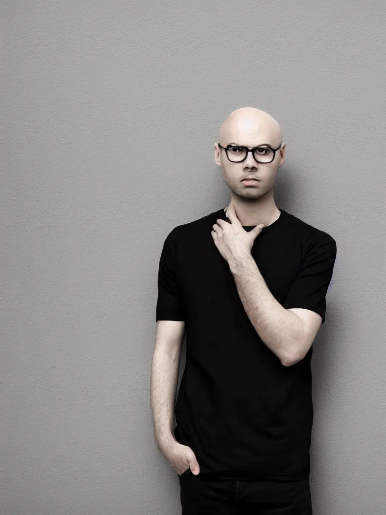 Image similar to A calm portrait picture of a young bald man who is wearing a black t-shirt and looking sideways into the camera, in-front of a white wall, high resolution, 4k