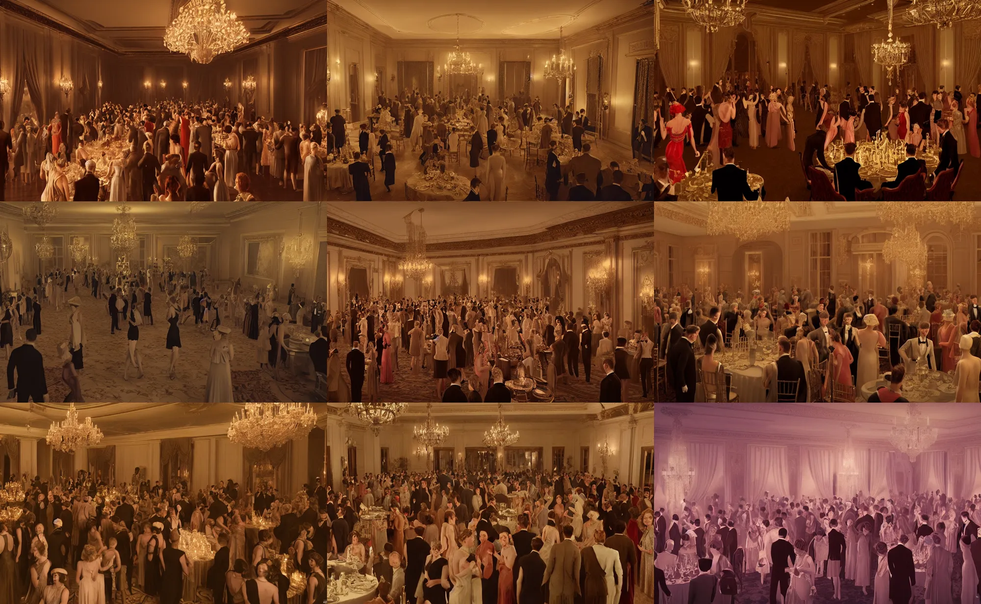 Prompt: 4 k digital movie still of a grand party in a beautiful mansion, 1 9 2 0 s era, many partygoers, strong contrast, unreal engine, hyper realism, realistic shading, cinematic composition, realistic render, octane render, detailed textures, photorealistic, very wide shot, 3 5 mm film