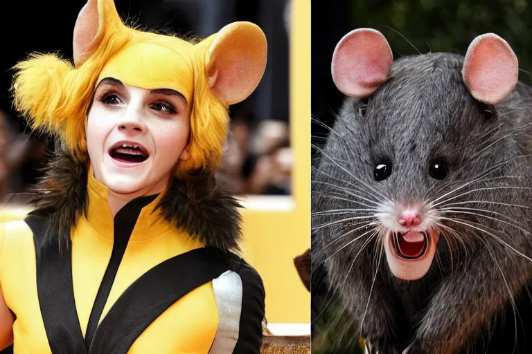 Prompt: photo, emma watson as antropomorphic furry - rat, tinky winky, eats cheese, highly detailed, intricate details