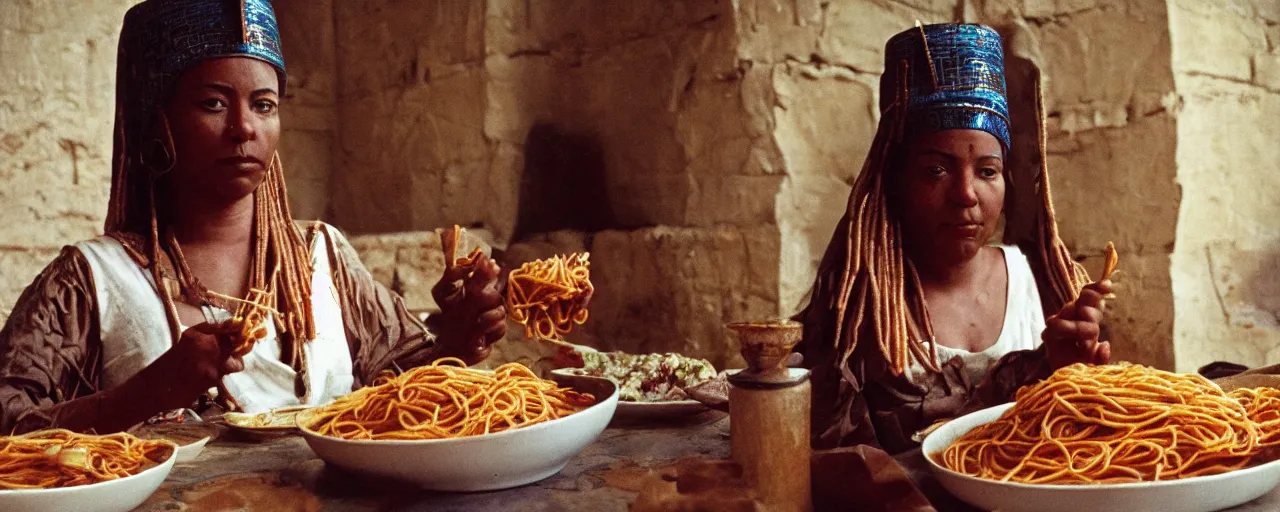 Image similar to queen hatshepsut in the ancient kingdom of punt, enjoying a feast of spaghetti, canon 5 0 mm, kodachrome